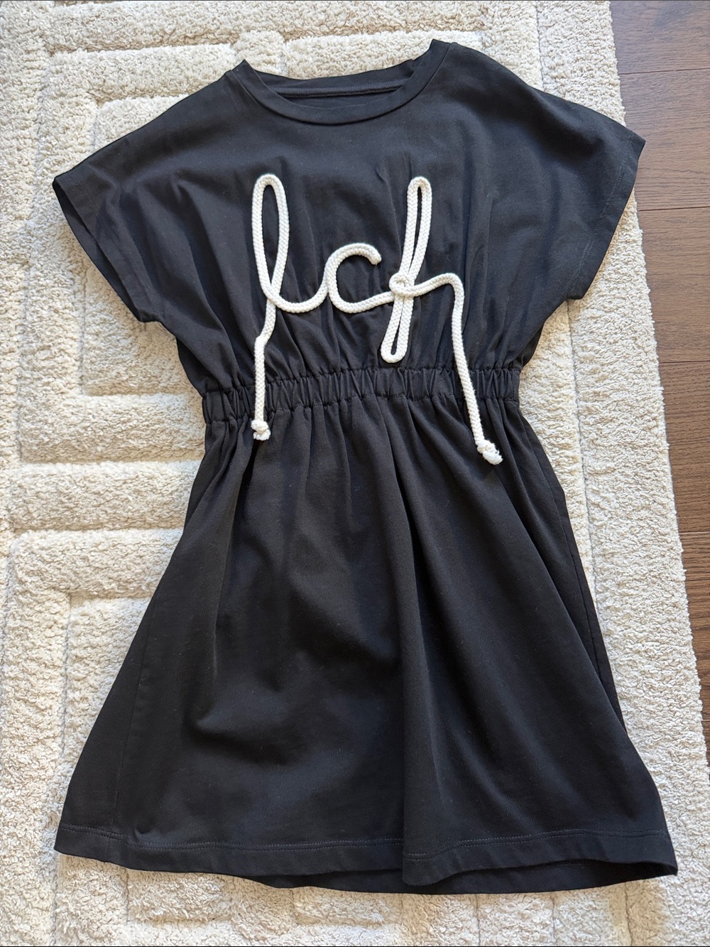 Girls Black Casual Dress with Rope Accent and Elastic Waist
